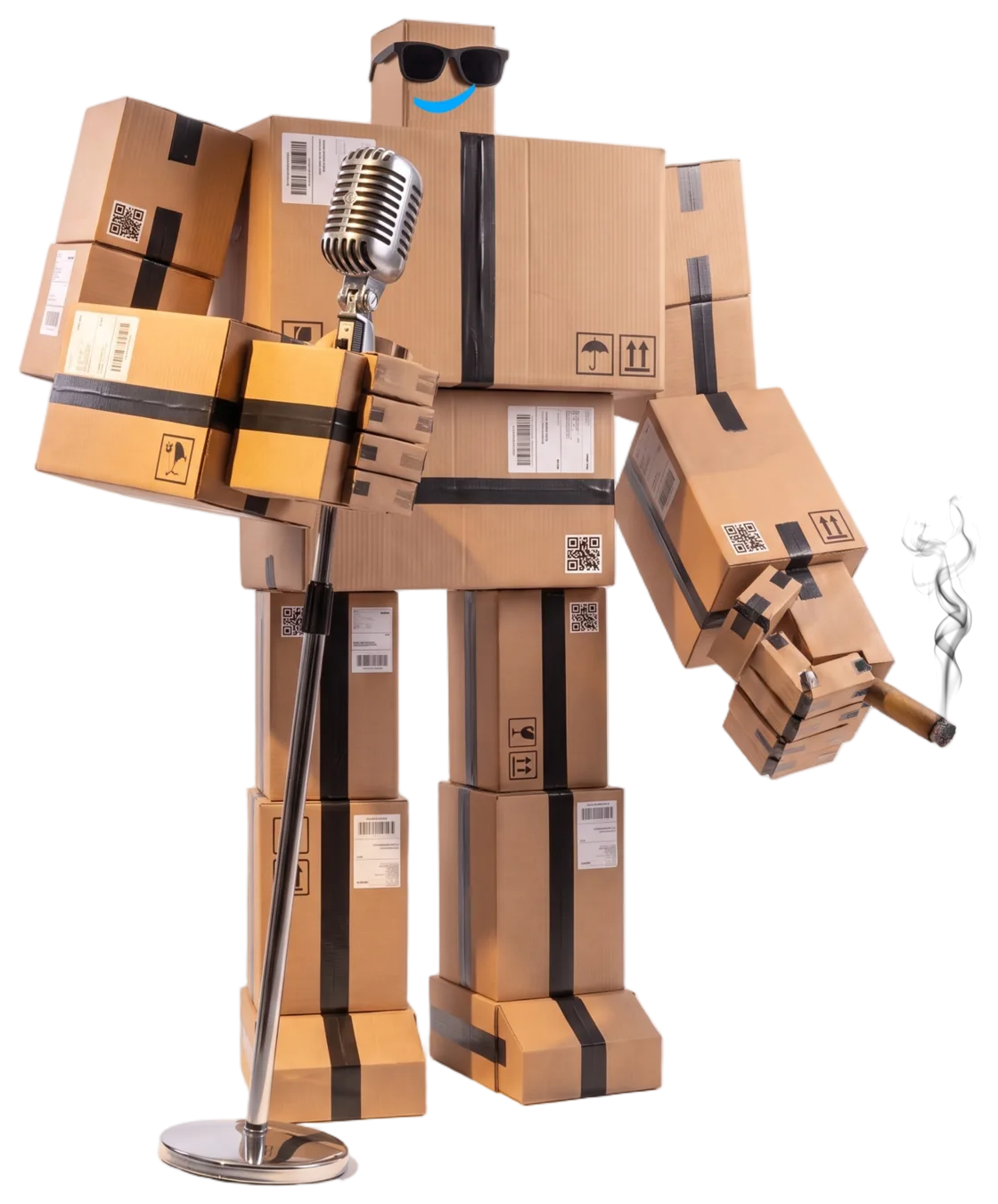 Der A-Maze-Karton-Roboter steht mit Sonnenbrille und Zigarre am Standmikrofon, bereit zum Roast