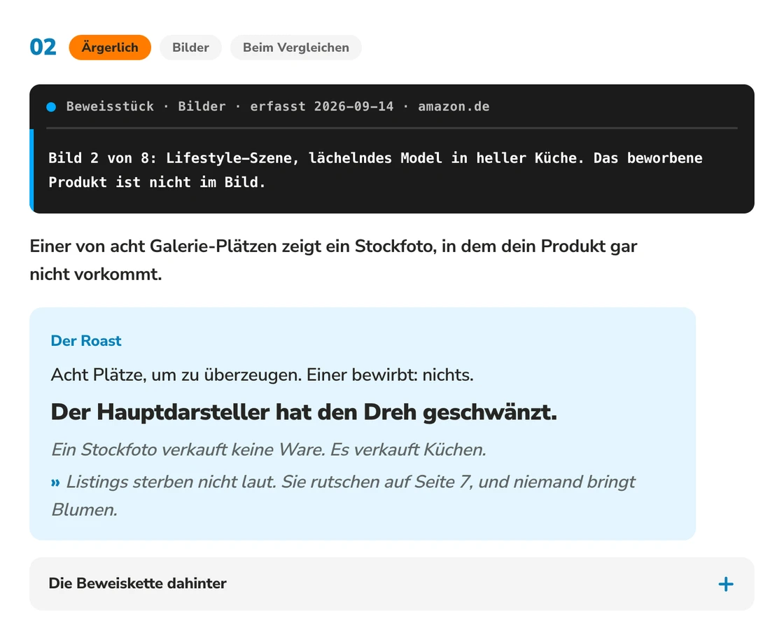 Befundkarte aus einem Roast-Report: Punkt 02, Einstufung Ärgerlich, Beweisstück Bild 2 (Stockfoto ohne Produkt), darunter der Roast: Der Hauptdarsteller hat den Dreh geschwänzt.